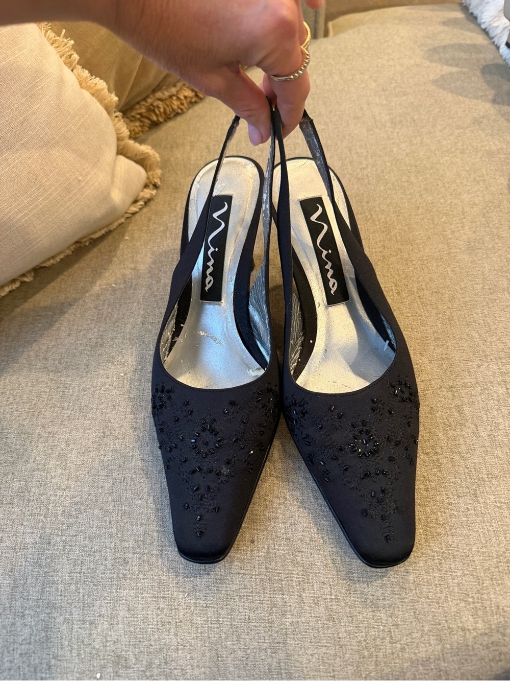 Nina Black Beaded Slingback Pointed Heels - Picture 2 of 5